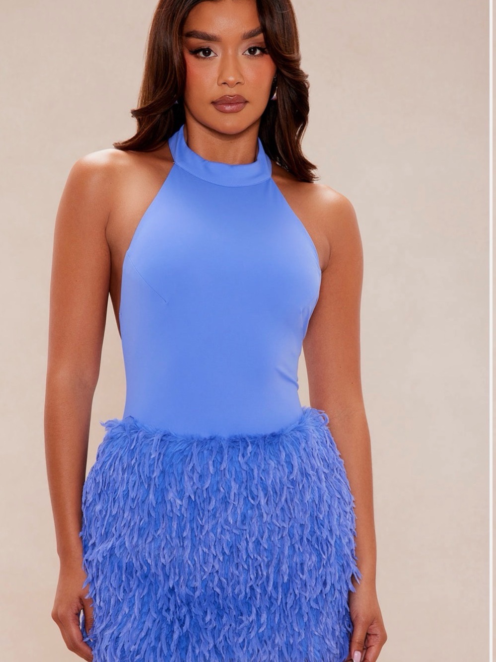 Vibrant Periwinkle Halter Dress with Feathered Skirt